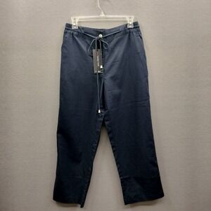 Racheal Cropped Linen Pants Women's M Drawstring Elastic Waist Navy Blue Lounge